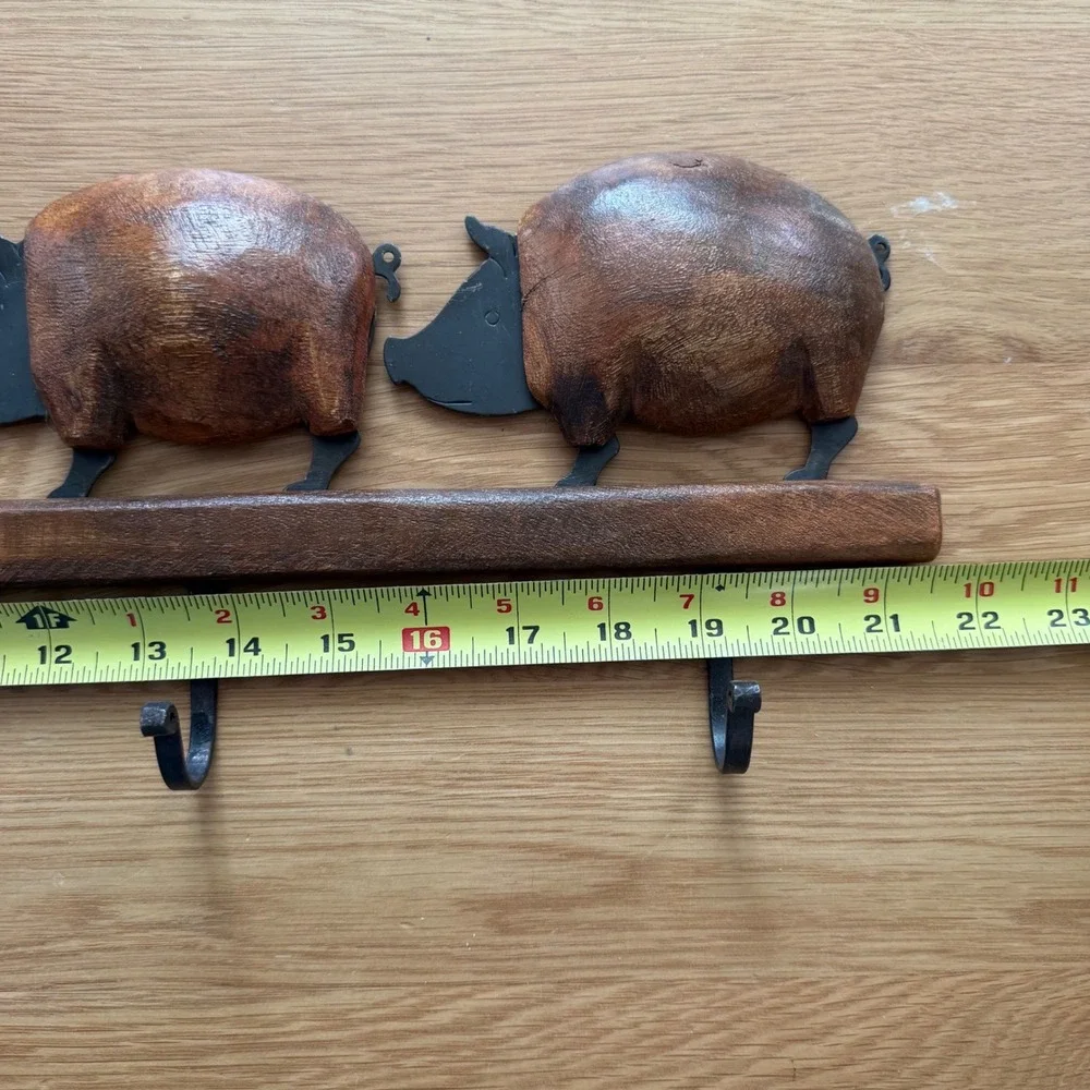 Vintage‎ Wooden Pig Wall Hook Rack Carved Wood Rustic Farmhouse Decor 4 Hooks